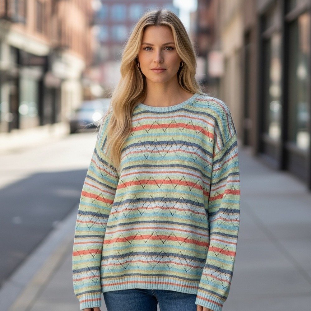 Vintage Liz‎ Claiborne Striped Knit Sweater Pastel Pointelle Chevron 90s Large